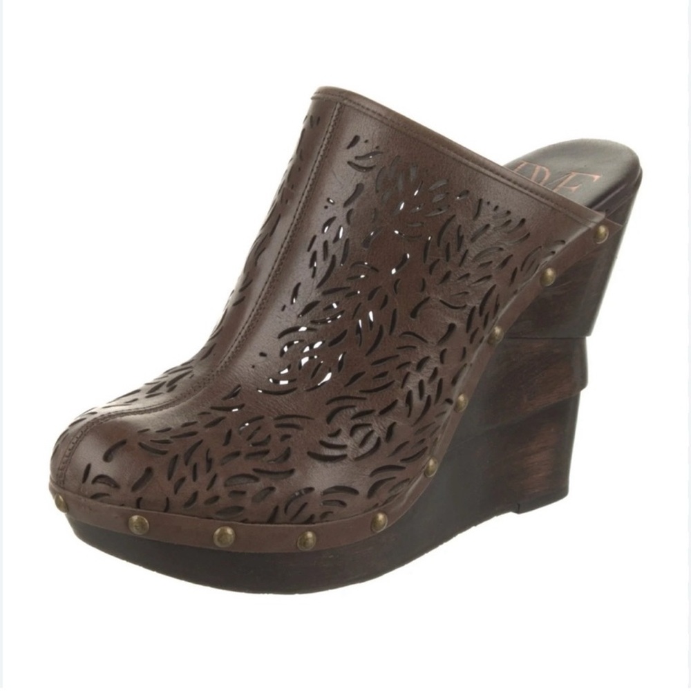 Diane Von Furstenberg Ode Lasercut Brown Leather Wedge Clogs Women's Shoe Size 8